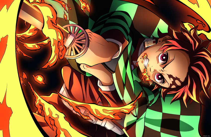 1boy absurdres belt belt_buckle buckle burn_mark checkered clenched_teeth fire haori highres holding holding_sword holding_weapon isami_don jacket japanese_clothes kamado_tanjirou katana kimetsu_no_yaiba long_sleeves looking_at_viewer male_focus official_style orange_jacket red_eyes redhead scar scar_on_cheek scar_on_face solo sword teeth weapon white_belt