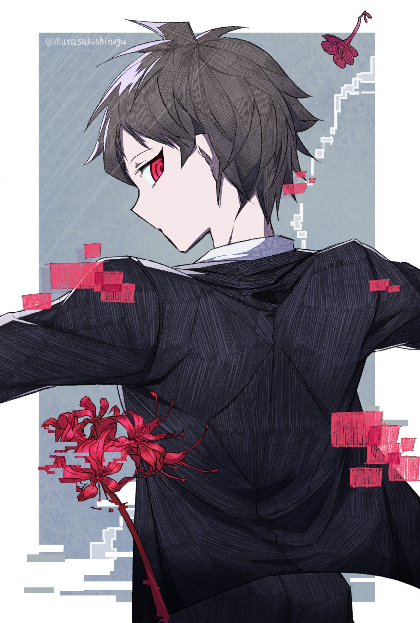 1boy ahoge bangs black_jacket black_pants brown_hair commentary_request dangan_ronpa_(series) dangan_ronpa_2.5:_nagito_komaeda_and_the_world_vanquisher dangan_ronpa_2:_goodbye_despair flower from_behind grey_background highres hinata_hajime jacket looking_at_viewer male_focus outstretched_arms pants profile red_eyes red_flower redhead short_hair solo upper_body ziling