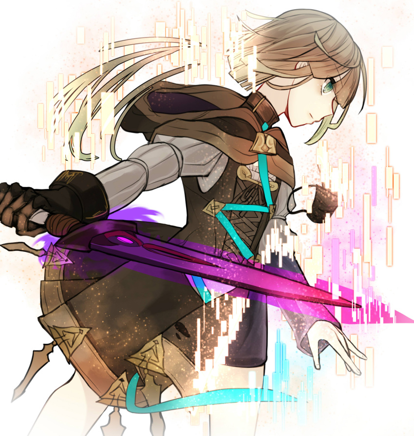 1boy bangs brown_dress brown_gloves brown_hair brown_hood closed_mouth dress gloves green_eyes gretel_(sinoalice) hair_between_eyes highres holding holding_sword holding_weapon long_sleeves looking_to_the_side otoko_no_ko short_hair simple_background single_glove sinoalice solo sword towada-san_(thank39) weapon white_background