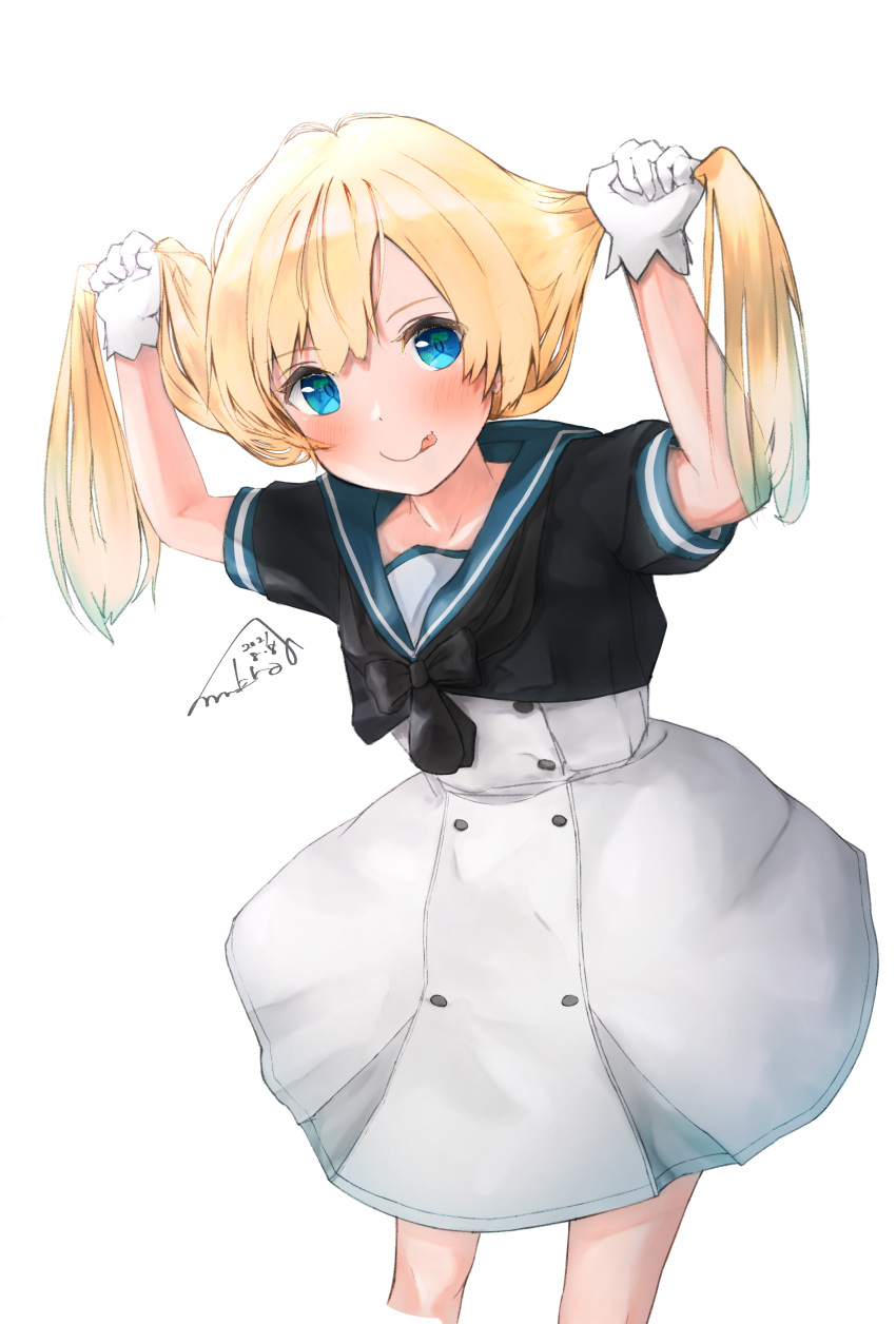 1girl absurdres blonde_hair blue_eyes blue_sailor_collar blush closed_mouth dated dress gloves highres jervis_(kancolle) kantai_collection long_hair looking_at_viewer mmk sailor_collar sailor_dress short_sleeves signature simple_background smile solo tongue tongue_out white_background white_dress white_gloves