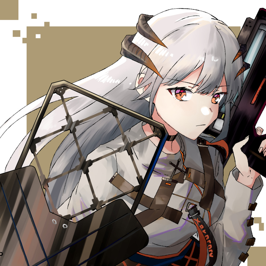 1girl arknights bangs black_choker brown_background choker closed_mouth commentary_request dragon_horns eyebrows_visible_through_hair highres holding holding_shield holding_weapon horns long_hair long_sleeves looking_at_viewer safaiya saria_(arknights) shield shirt silver_hair solo syringe_gun upper_body weapon white_background white_shirt