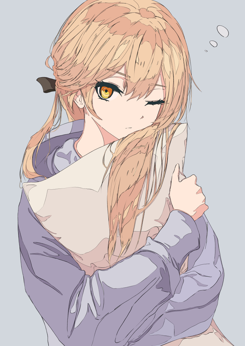 1girl absurdres blonde_hair blue_shirt bow closed_mouth eyebrows_visible_through_hair girls_frontline hair_bow highres holding holding_pillow long_hair looking_at_viewer one_eye_closed ots-14_(girls_frontline) pillow pillow_hug sarasa_dry shirt simple_background solo yellow_eyes