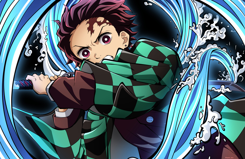 1boy absurdres black_jacket brown_hair burn_mark checkered clenched_teeth earrings haori highres holding holding_sword holding_weapon isami_don jacket japanese_clothes jewelry kamado_tanjirou kimetsu_no_yaiba long_sleeves looking_at_viewer male_focus official_style red_eyes scar scar_on_cheek scar_on_face short_hair solo sword teeth v-shaped_eyebrows water weapon