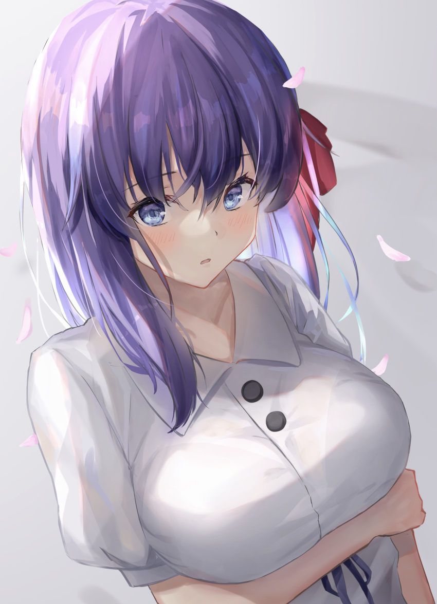 1girl absurdres arm_under_breasts blue_eyes blush breast_hold breasts dress fate/stay_night fate_(series) grey_background hair_ribbon highres large_breasts long_hair looking_at_viewer matou_sakura parted_lips petals puffy_short_sleeves puffy_sleeves purple_hair red_ribbon ribbon short_sleeves solo upper_body wata0933 white_dress