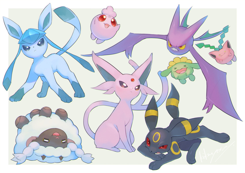 &gt;_&lt; :d border closed_mouth commentary_request crobat espeon flying gen_2_pokemon gen_4_pokemon gen_8_pokemon glaceon grey_eyes highres hoppip igglybuff kikuyoshi_(tracco) lying no_humans on_back open_mouth outside_border paws pokemon pokemon_(creature) sitting skiploom smile standing teeth toes tongue umbreon white_border wooloo yellow_eyes