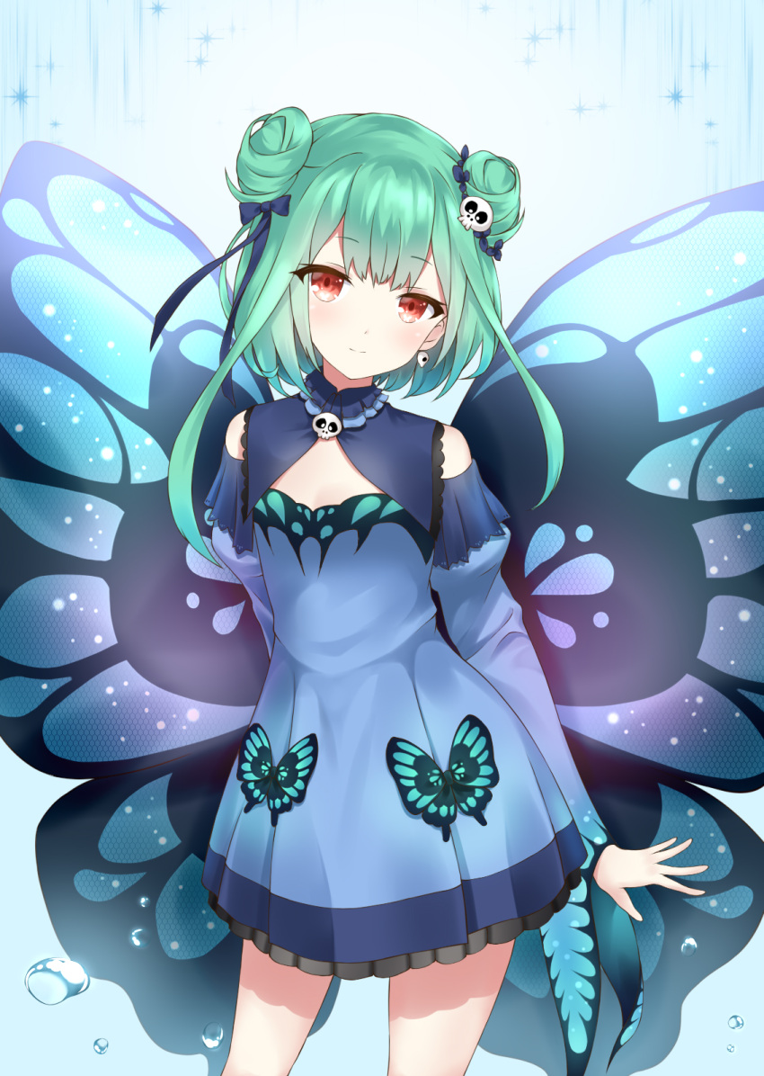 1girl animal_print bangs bare_shoulders blue_butterfly blue_dress bow bug butterfly butterfly_print butterfly_wings cleavage_cutout closed_mouth clothing_cutout detached_sleeves double_bun dress earrings eyebrows_visible_through_hair flat_chest green_hair hair_ornament highres hololive insect jewelry kebin_no_shio_amaou long_sleeves red_eyes ribbon short_dress skirt skull skull_hair_ornament solo uruha_rushia virtual_youtuber wings