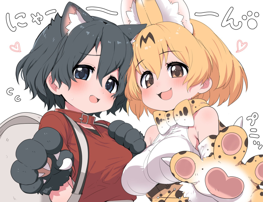 2girls :3 animal_ears backpack bag bare_shoulders black_hair blonde_hair blue_eyes blush bow bowtie cat_ears cat_girl cat_tail collar commentary_request elbow_gloves extra_ears eyebrows_visible_through_hair fang gloves heart high-waist_skirt highres kaban_(kemono_friends) kemono_friends kemonomimi_mode looking_at_viewer multiple_girls no_hat no_headwear open_mouth paw_gloves paws print_gloves print_neckwear print_skirt ransusan red_collar red_shirt serval_(kemono_friends) serval_print shirt short_hair short_sleeves skirt sleeveless t-shirt tail translation_request white_shirt yellow_eyes