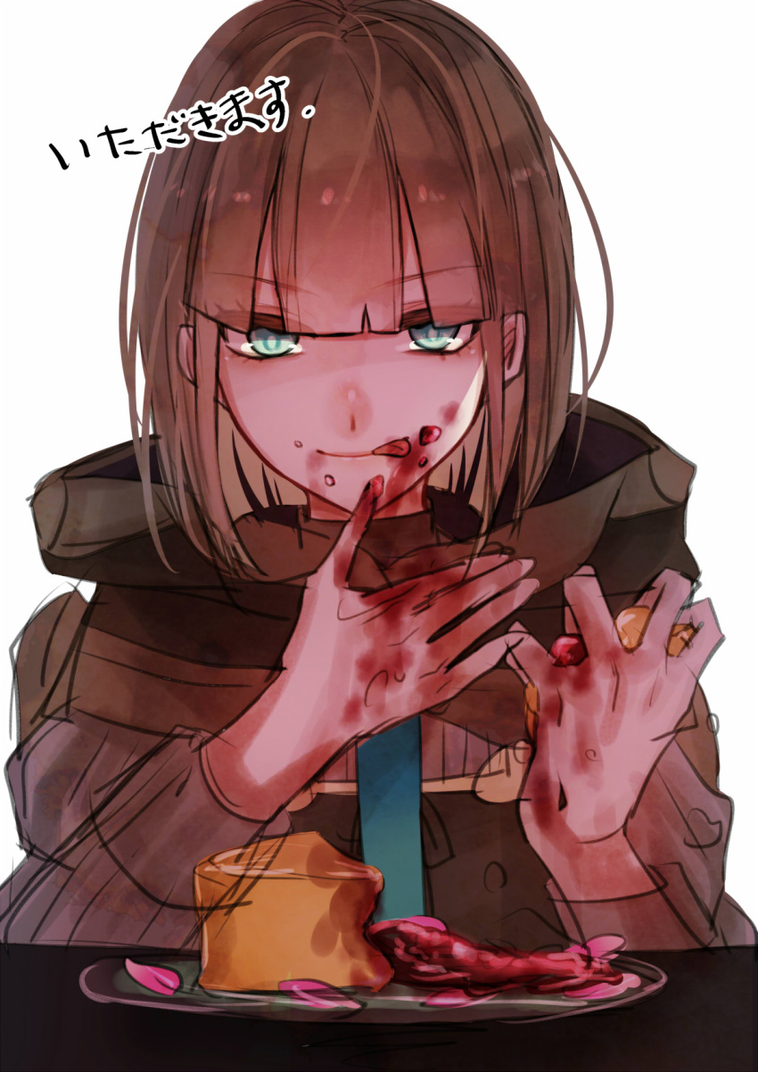 1boy brown_hair brown_hood closed_mouth eating food food_on_face green_eyes gretel_(sinoalice) highres holding holding_food licking licking_lips long_sleeves looking_at_viewer pie plate short_hair simple_background sinoalice tongue tongue_out towada-san_(thank39) v-shaped_eyebrows white_background