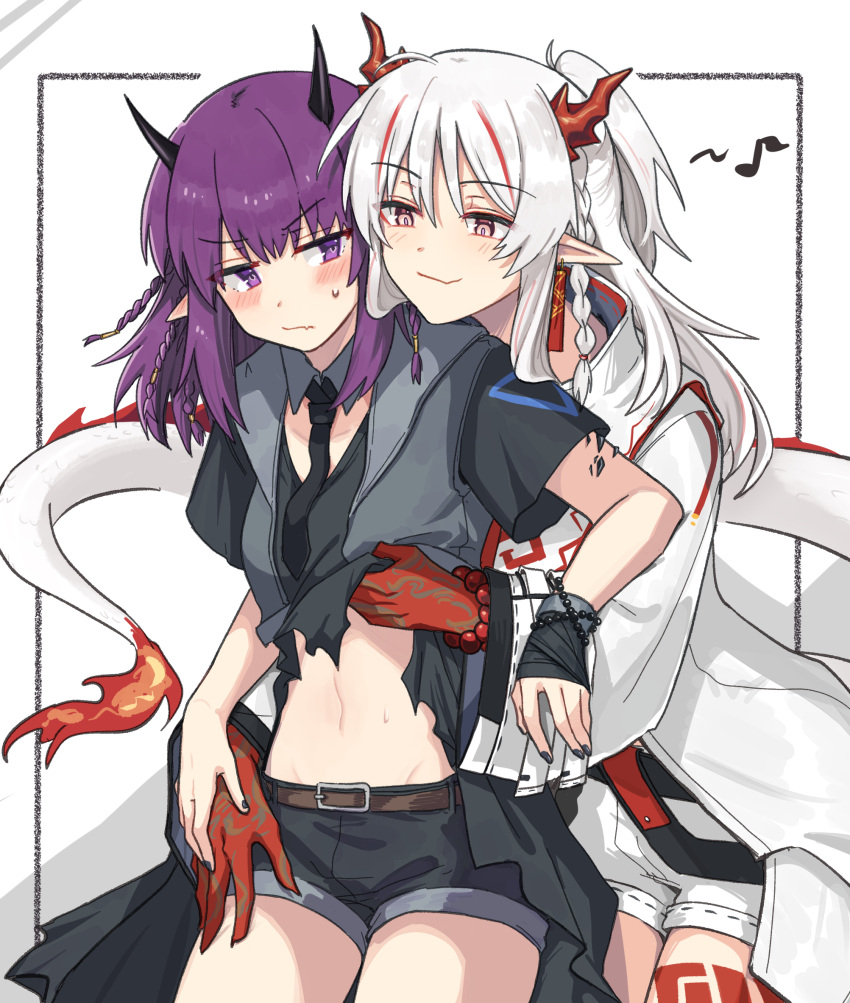 2girls arknights bangs belt belt_buckle black_nails black_neckwear black_shirt black_shorts blush braid buckle chinese_commentary coat commentary_request cowboy_shot demon_girl demon_horns dragon_girl dragon_horns dragon_tail duplicate eyebrows_visible_through_hair fang half_updo hand_on_another's_thigh highres horns lava_(arknights) lava_the_purgatory_(arknights) long_hair looking_at_another looking_down looking_to_the_side mabing midriff multiple_girls musical_note nail_polish navel necktie nian_(arknights) oripathy_lesion_(arknights) pointy_ears purple_hair redhead shirt short_shorts short_sleeves shorts silver_hair skin_fang smile standing stomach tail violet_eyes white_background white_coat yuri