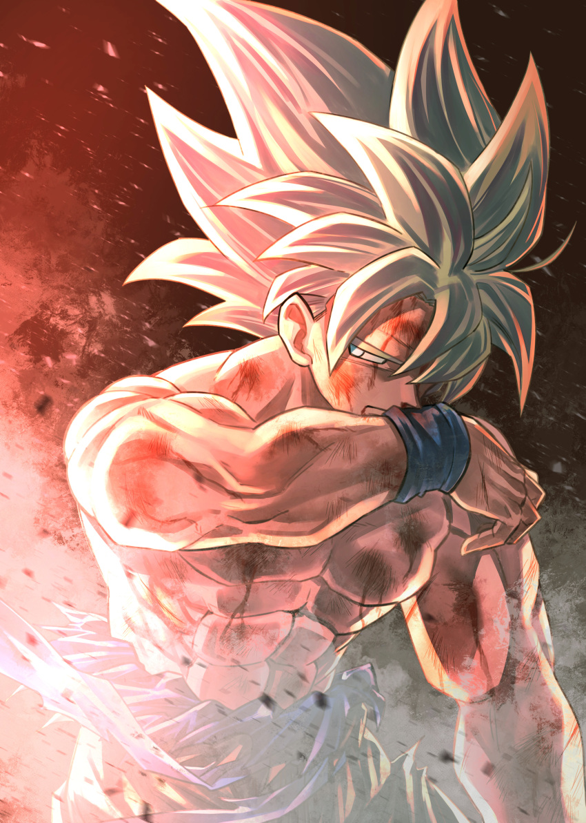 1boy abs absurdres battle_damage blood bruise closed_mouth dragon_ball dragon_ball_super highres injury male_focus mattari_illust muscular muscular_male pectorals shirt sideways_glance solo son_goku spiky_hair torn_clothes torn_shirt ultra_instinct white_hair wristband