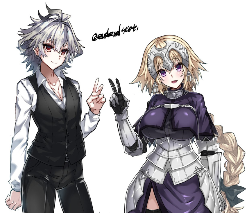 1boy 1girl armor artist_name blonde_hair braid braided_ponytail breasts commentary_request cowboy_shot eyebrows_visible_through_hair fate/apocrypha fate_(series) grey_hair hair_between_eyes haoro jeanne_d'arc_(fate) jeanne_d'arc_(fate)_(all) large_breasts long_hair long_sleeves looking_at_viewer open_mouth red_eyes sieg_(fate) simple_background smile tongue twitter_username v violet_eyes watermark white_background