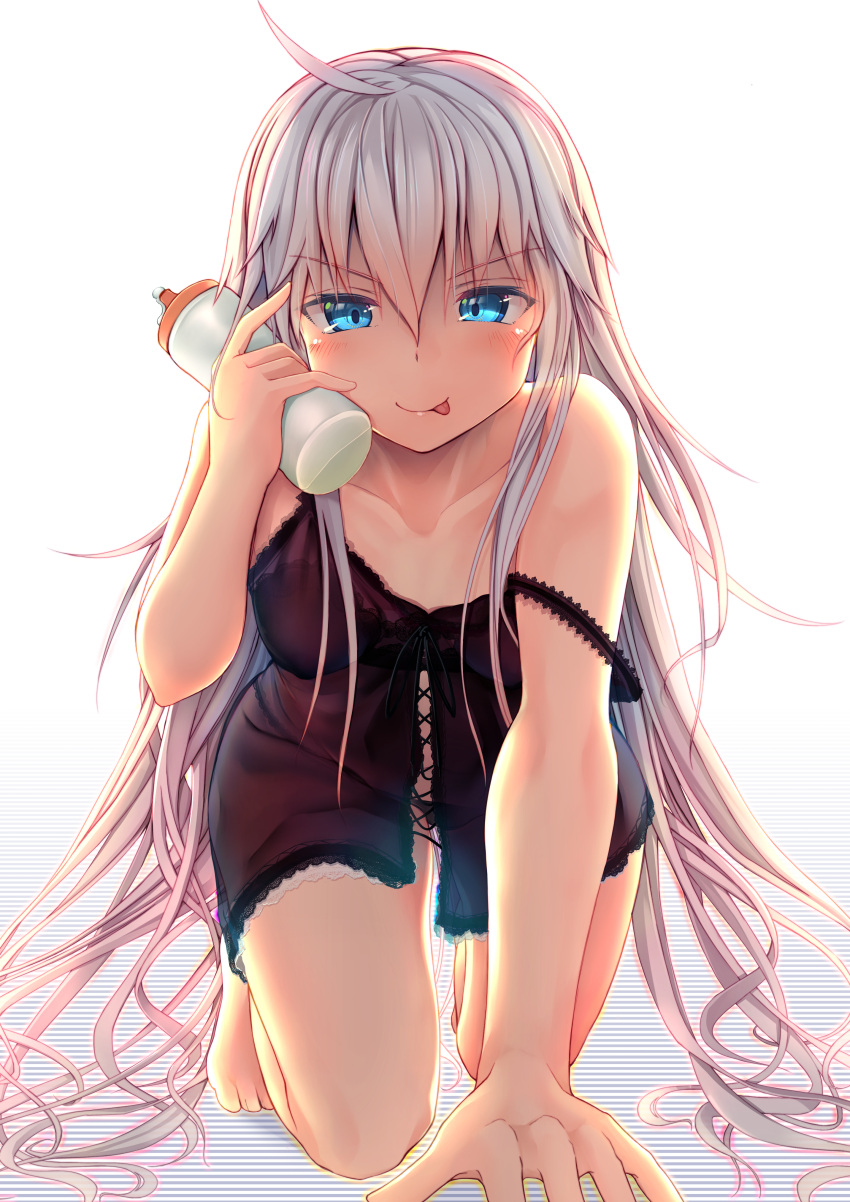 1girl absurdres barefoot black_panties blue_eyes blush closed_mouth collarbone eyebrows_visible_through_hair hair_between_eyes hibiki_(kancolle) highres holding kantai_collection lingerie long_hair looking_at_viewer naughty_face panties ruuto25 silver_hair smile solo tongue tongue_out underwear v-shaped_eyebrows