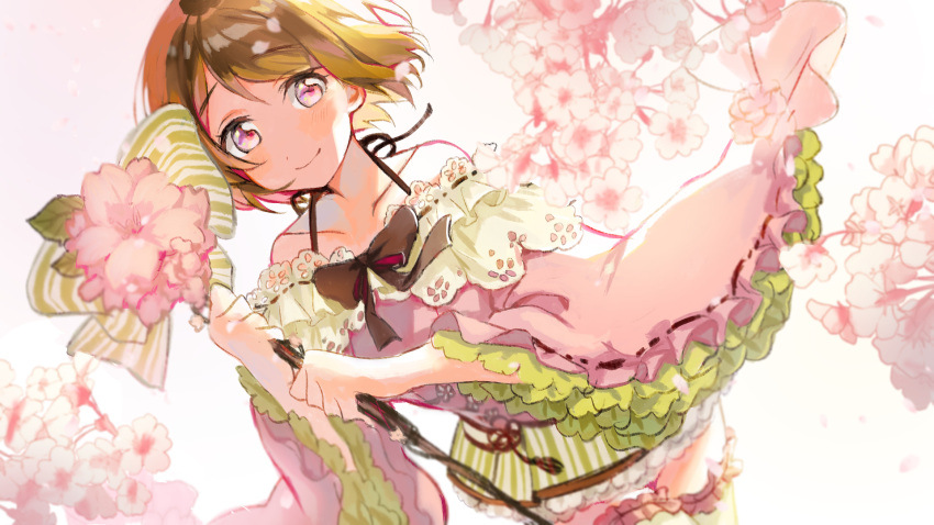 1girl bangs bare_shoulders black_ribbon blush brown_hair closed_mouth collarbone dutch_angle eyebrows_visible_through_hair floating_hair flower green_skirt hair_between_eyes highres holding koizumi_hanayo long_sleeves looking_at_viewer love_live! love_live!_school_idol_project miniskirt naarann pink_eyes pink_flower ribbon shiny shiny_hair short_hair skirt smile solo striped striped_skirt thigh-highs wide_sleeves zettai_ryouiki