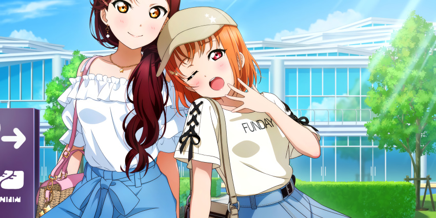 blush love_live!_school_idol_festival_all_stars orange_hair red_eyes sakurauchi_riko shirt short_hair smile takami_chika wink