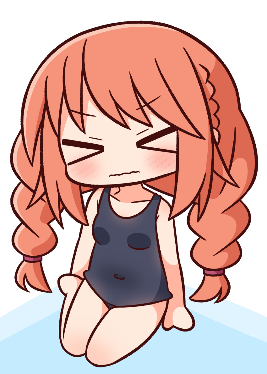 &gt;_&lt; 1girl bangs bare_arms bare_legs bare_shoulders barefoot black_swimsuit blush braid breasts brown_hair chibi closed_eyes closed_mouth collarbone covered_navel eyebrows_visible_through_hair facing_viewer full_body hana_kazari highres long_hair old_school_swimsuit princess_connect! school_swimsuit sitting small_breasts solo swimsuit twin_braids twintails v-shaped_eyebrows very_long_hair wavy_mouth yokozuwari yuni_(princess_connect!)