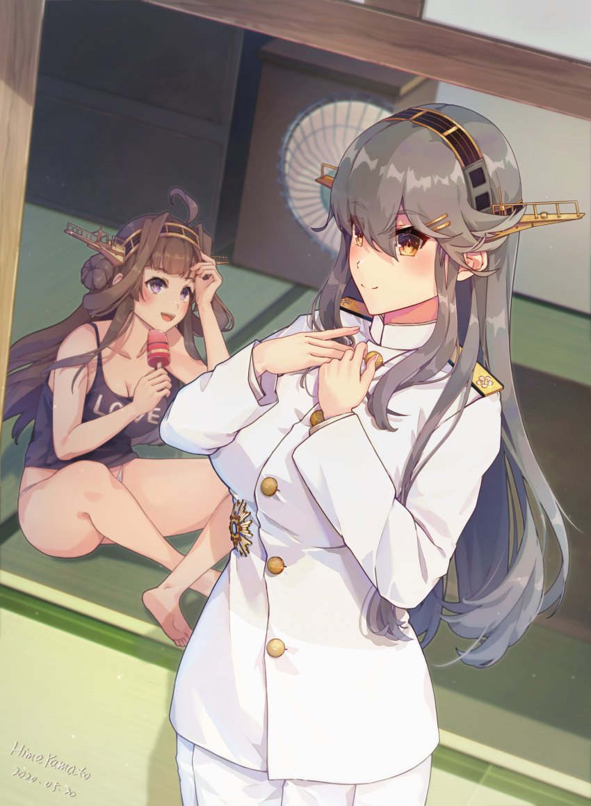 2girls ahoge artist_name breasts brown_hair dated double_bun electric_fan food grey_hair hair_ornament haruna_(kancolle) headgear highres himeyamato holding holding_food kantai_collection kongou_(kancolle) large_breasts long_hair military military_uniform multiple_girls on_floor popsicle sitting tank_top tatami uniform