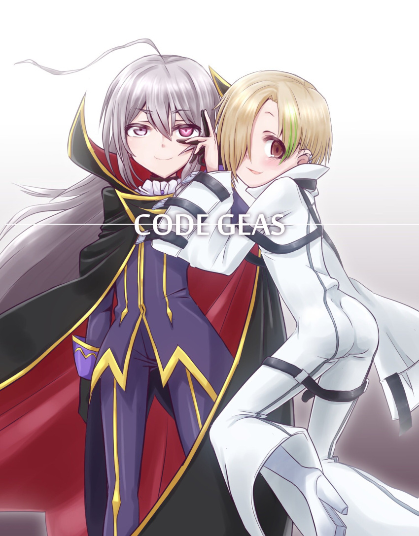 2girls ass bags_under_eyes black_gloves blonde_hair brown_eyes c.c. c.c._(cosplay) cape code_geass commentary_request cosplay dokudoku913 geass gloves green_hair grey_eyes grey_hair hair_over_one_eye highres hoshi_syoko lelouch_lamperouge lelouch_lamperouge_(cosplay) long_hair looking_at_viewer multicolored_hair multiple_girls shirasaka_koume short_hair sleeves_past_wrists smile two-tone_hair zero_(code_geass)