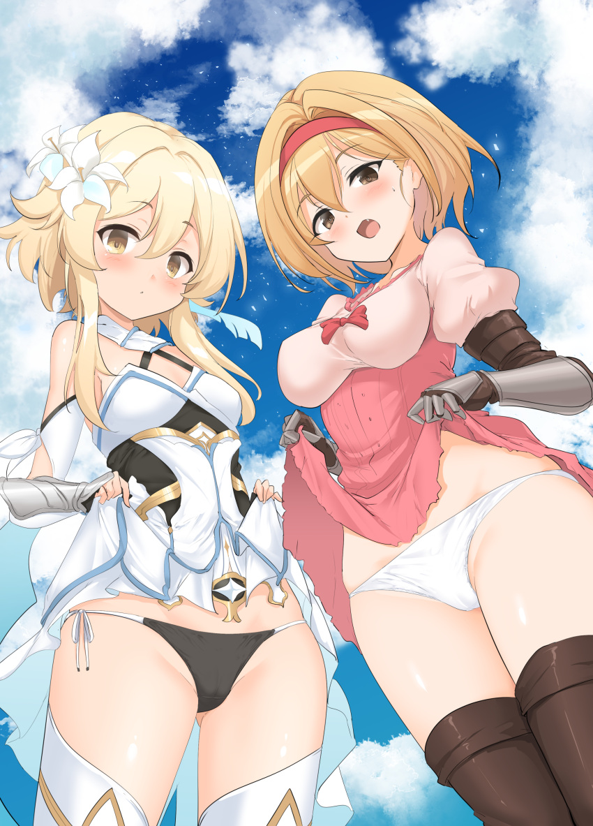 2girls absurdres black_legwear blonde_hair blue_sky blush breasts brown_eyes clothes_lift clouds commentary_request crossover day djeeta_(granblue_fantasy) dress dress_lift eyebrows_visible_through_hair fang flower gauntlets genshin_impact granblue_fantasy hair_between_eyes hair_flower hair_ornament hairband highres lifted_by_self long_hair lumine_(genshin_impact) medium_breasts momio multiple_girls open_mouth panties red_hairband short_hair sky thigh-highs underwear white_dress