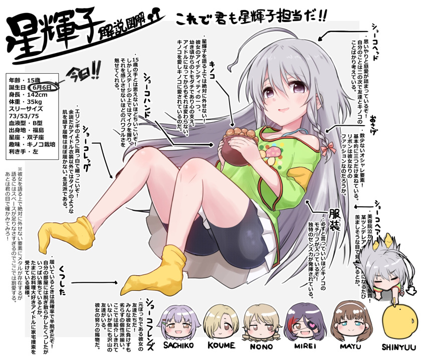 1boy 6+girls ahoge bike_shorts bike_shorts_under_skirt braid character_name diagram dokudoku913 food_print full_body grey_eyes grey_hair hayasaka_mirei highres hoshi_syoko idolmaster idolmaster_cinderella_girls koshimizu_sachiko long_hair morikubo_nono multiple_girls mushroom mushroom_print p-head_producer producer_(idolmaster) sakuma_mayu shirasaka_koume side_braid single_braid skirt swimsuit translation_request