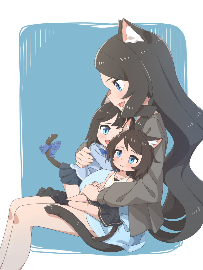 3girls :d absurdres animal_ear_fluff animal_ears black_skirt blue_background blue_bow blue_dress blue_eyes blue_jacket blush bob_cut border bow brown_hair cat_ears cat_tail child closed_mouth dress from_side grey_jacket highres invisible_chair jacket long_hair long_sleeves medium_hair miniskirt mother_and_daughter multiple_girls nekoze_(s22834712) open_clothes open_jacket open_mouth original outside_border pleated_skirt pregnant profile shirt siblings sisters sitting skirt sleeveless sleeveless_shirt smile tail tail_bow tail_ornament tu_ya_(nekoze) very_long_hair white_border white_shirt