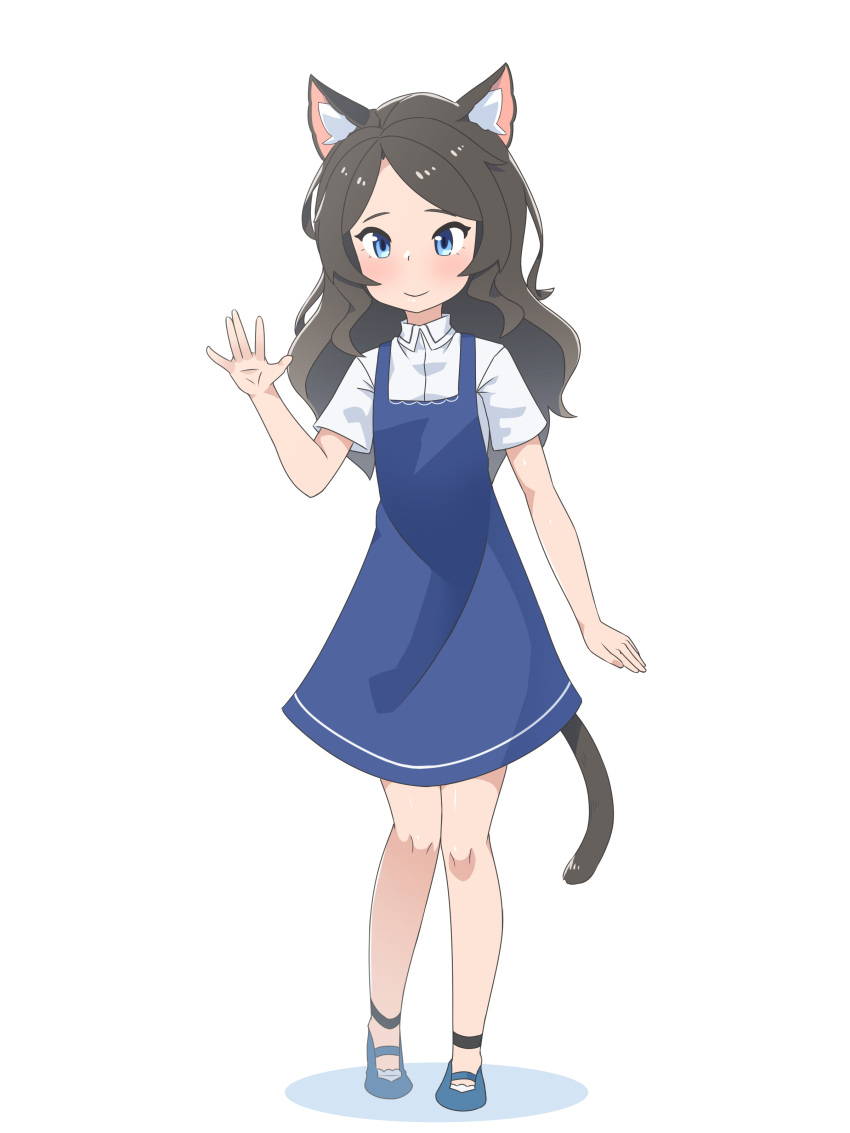 1girl absurdres animal_ear_fluff animal_ears blue_dress blue_eyes blue_footwear blush brown_hair cat_ears cat_tail child closed_mouth dress full_body hand_up highres looking_at_viewer nekoze_(s22834712) original pinafore_dress shirt short_sleeves simple_background smile solo tail tu_ya_(nekoze) waving white_background white_shirt