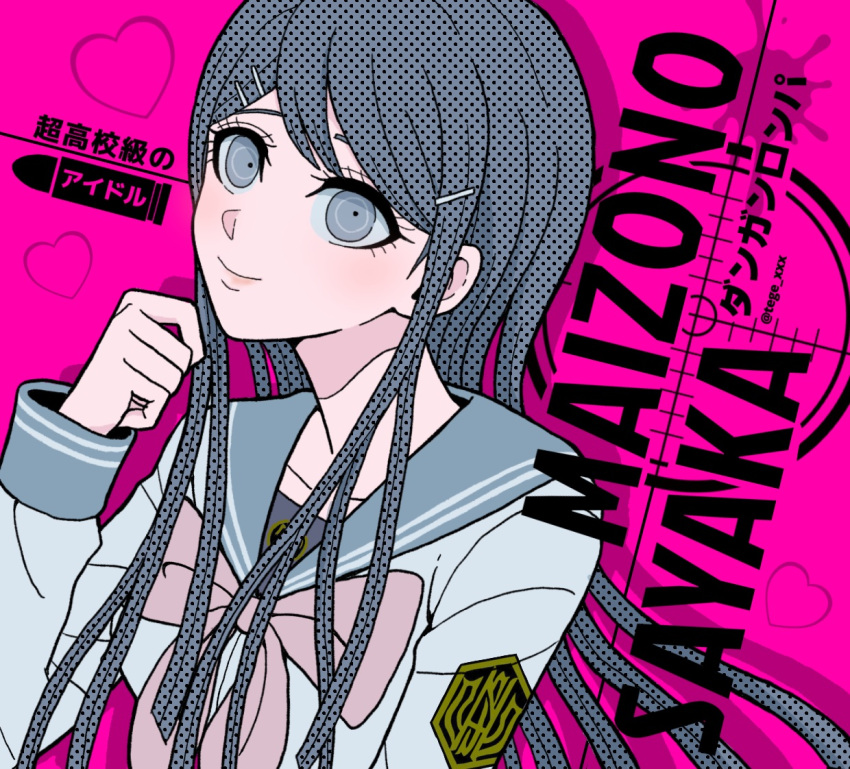 1girl bangs black_hair blue_eyes blue_hair bow bullet character_name collarbone commentary_request copyright_name dangan_ronpa:_trigger_happy_havoc dangan_ronpa_(series) english_text grey_shirt hair_ornament hairclip hand_up heart long_hair long_sleeves looking_at_viewer maizono_sayaka pink_background pink_bow sailor_collar school_uniform serafuku shirt simple_background smile solo tege_(tege_xxx) translation_request