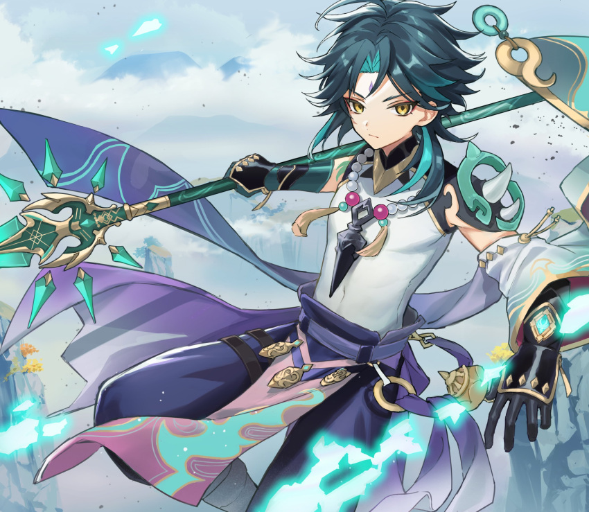 1boy aqua_hair armor asymmetrical_hair bead_necklace beads black_hair closed_mouth clouds day facial_mark forehead_mark genshin_impact gloves highres holding holding_weapon jewelry male_focus mountain multicolored_hair necklace outdoors polearm shoulder_armor solo spear spikes tassel usu32 vision_(genshin_impact) weapon xiao_(genshin_impact) yellow_eyes