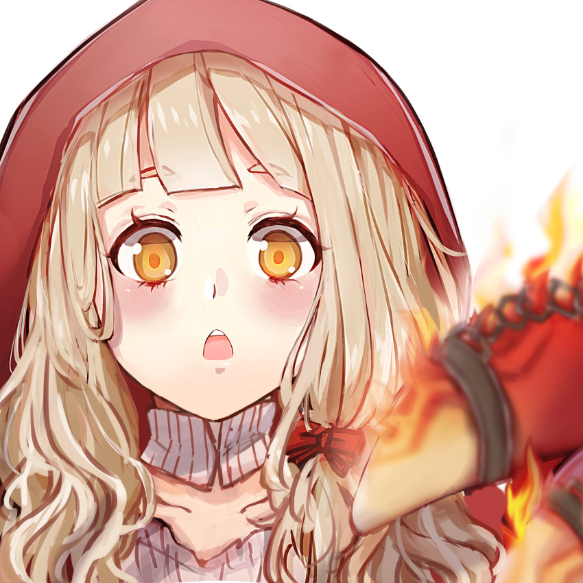 1girl :o bangs blonde_hair blurry blurry_foreground blush fire hair_between_eyes hair_ribbon highres little_red_riding_hood_(sinoalice) long_hair looking_at_viewer portrait red_hood ribbon rico_tta simple_background sinoalice solo white_background yellow_eyes