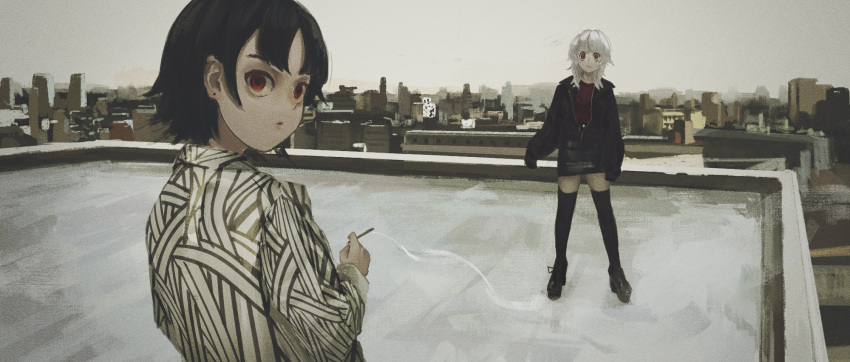 2girls black_footwear black_hair black_jacket black_legwear cigarette city cityscape closed_mouth commentary daruma_karei day earrings english_commentary expressionless grey_sky highres holding holding_cigarette jacket jewelry long_sleeves looking_at_viewer multiple_girls on_roof orange_eyes original outdoors red_eyes red_shirt shirt short_hair skyline sleeves_past_fingers sleeves_past_wrists smoke smoking standing striped striped_shirt stud_earrings thigh-highs white_hair white_shirt