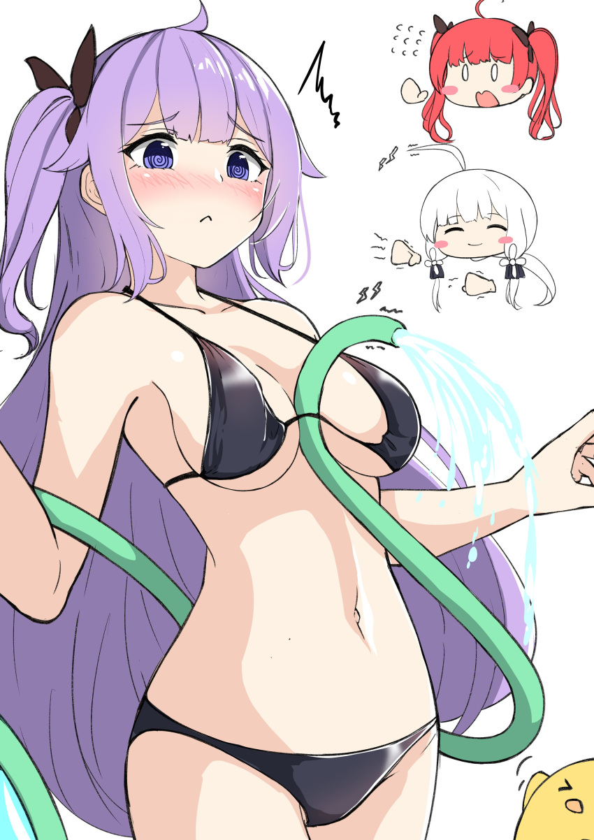 &gt;_&lt; 0_0 3girls :&lt; @_@ ^^^ absurdres azur_lane bangs bare_arms bare_shoulders between_breasts bikini black_bikini blush blush_stickers breasts chibi chibi_inset closed_eyes closed_mouth commentary_request eyebrows_visible_through_hair flying_sweatdrops highres honolulu_(azur_lane) hose illustrious_(azur_lane) lightning_bolt_symbol long_hair low_twintails manjuu_(azur_lane) moyoron multiple_girls navel nose_blush one_side_up purple_hair redhead simple_background swimsuit trembling twintails unicorn_(azur_lane) very_long_hair violet_eyes water white_background white_hair