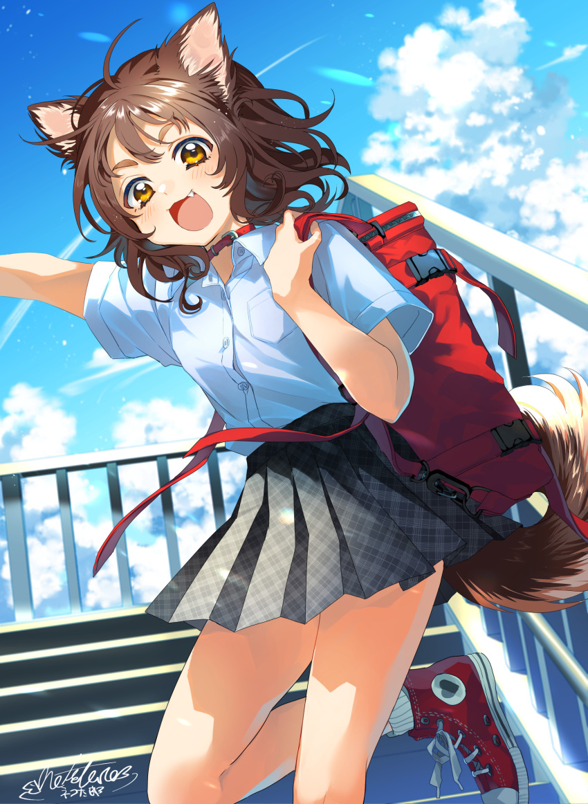 1girl absurdres ahoge animal_ears arm_up bag blue_sky blush brown_eyes brown_hair clouds cloudy_sky collar cumulonimbus_cloud dog_ears dog_girl dog_tail fang happy heart highres light_particles light_rays looking_at_viewer medium_hair open_mouth original outdoors patterned patterned_clothing railing red_bag red_collar red_footwear revision shinonome_neko-tarou shoes signature skirt sky smile sneakers socks solo stairs tail tongue