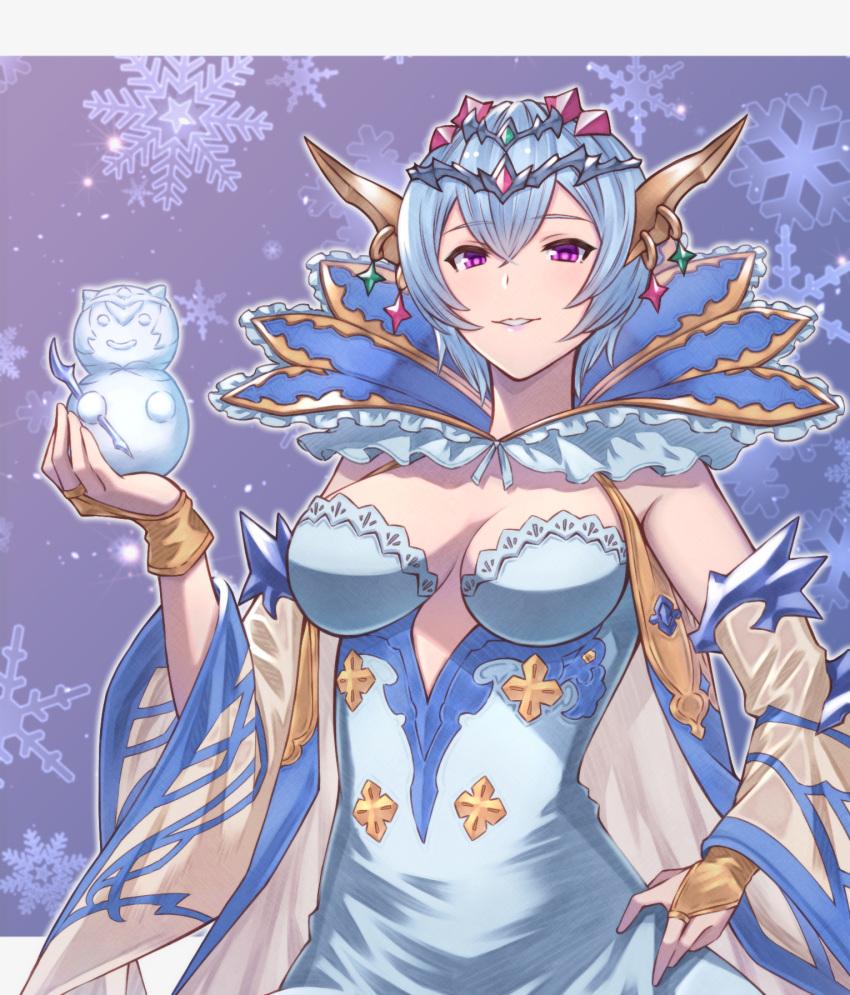 1girl blue_hair breasts bridal_gauntlets circlet granblue_fantasy hand_on_hip highres large_breasts macula_marius short_hair snowflake_background snowman umiboozu_(uminoyoukai) violet_eyes wide_sleeves