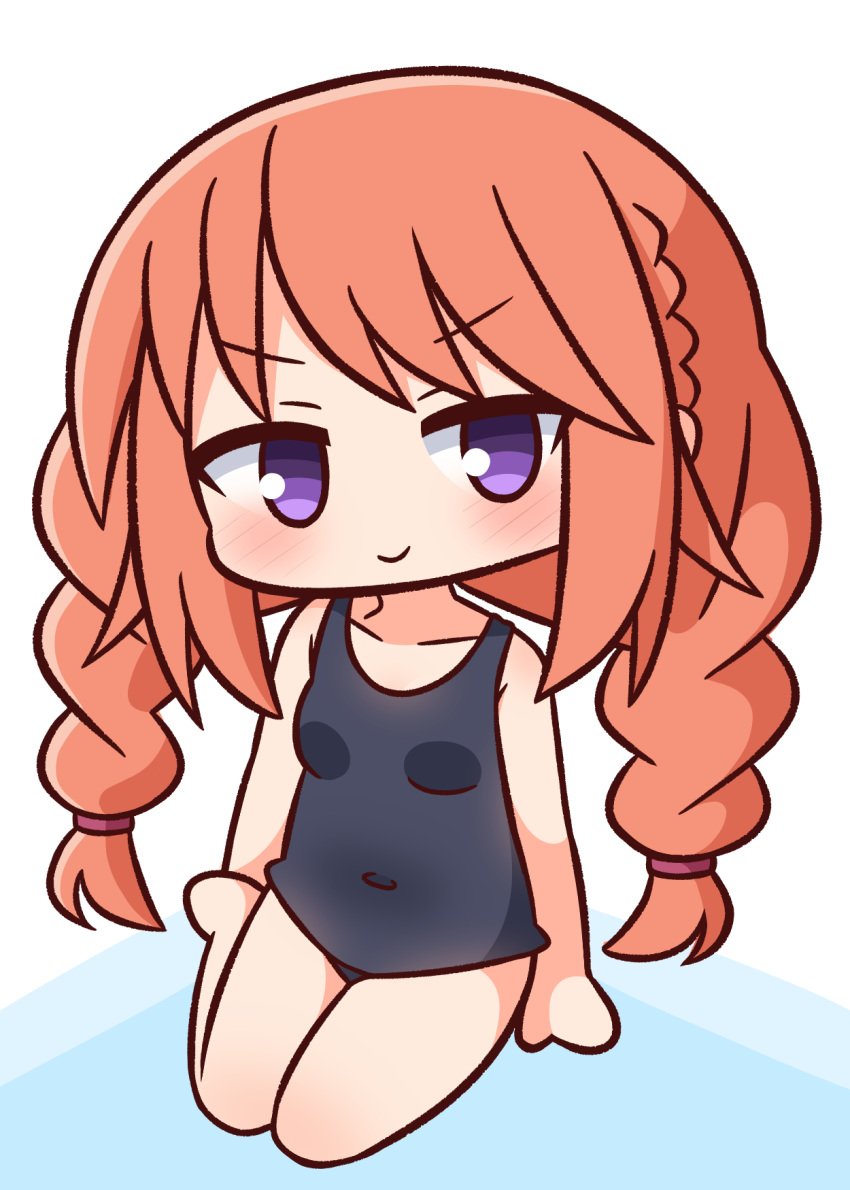 1girl bangs bare_arms bare_legs bare_shoulders barefoot black_swimsuit blush braid breasts brown_hair chibi closed_mouth collarbone commentary_request covered_navel eyebrows_visible_through_hair full_body hana_kazari highres long_hair looking_at_viewer old_school_swimsuit princess_connect! school_swimsuit sitting small_breasts smile solo swimsuit twin_braids twintails v-shaped_eyebrows very_long_hair violet_eyes yokozuwari yuni_(princess_connect!)