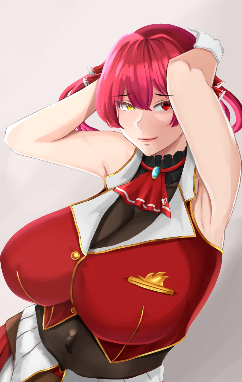 1girl absurdres armpits arms_behind_head breasts brooch brown_leotard frilled_shirt_collar frills gloves gold_trim hair_ribbon heterochromia highres hololive houshou_marine jacket jewelry karma3009 large_breasts leotard looking_at_viewer red_eyes red_jacket red_neckwear redhead ribbon simple_background sleeveless sleeveless_jacket solo standing twintails virtual_youtuber yellow_eyes
