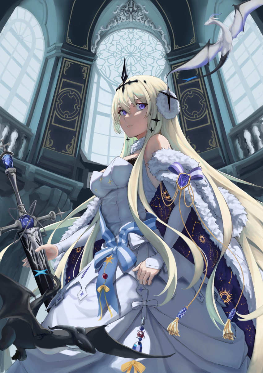 1girl absurdres alchemy_stars bare_shoulders beast bethlehem_(alchemy_stars) blonde_hair breasts cape crown detached_sleeves dragon dress earmuffs fur_trim highres holding holding_sword holding_weapon long_hair looking_at_viewer sleeveless sleeveless_dress solo sword very_long_hair vincent_ky violet_eyes weapon