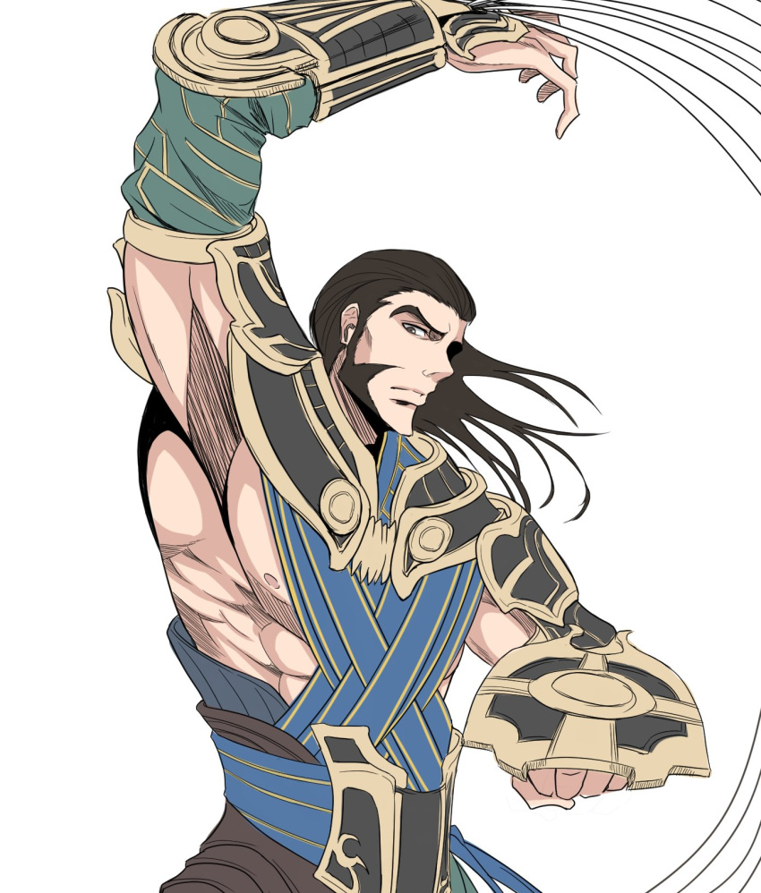 1boy abs alternate_costume arm_up armor brown_eyes brown_hair clenched_hand egyptian_clothes gideon_jura highres long_hair magic:_the_gathering male_focus manly muscular muscular_male official_alternate_costume open_hand red_wingp2 shading shield thick_eyebrows whip white_background