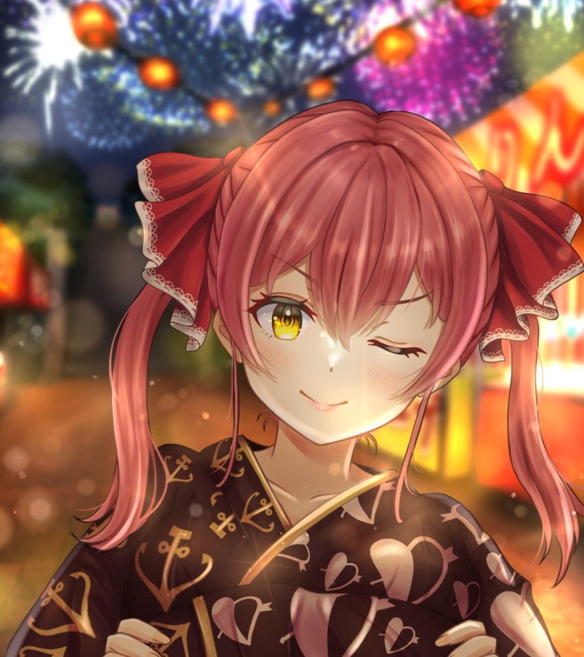 1girl ;) absurdres anchor_print black_kimono blurry blurry_background closed_mouth depth_of_field fireworks food_stand hair_ribbon highres hololive houshou_marine japanese_clothes kimono looking_at_viewer medium_hair nori_55512 one_eye_closed print_kimono red_ribbon redhead ribbon smile solo summer_festival twintails v-shaped_eyebrows virtual_youtuber yellow_eyes yukata