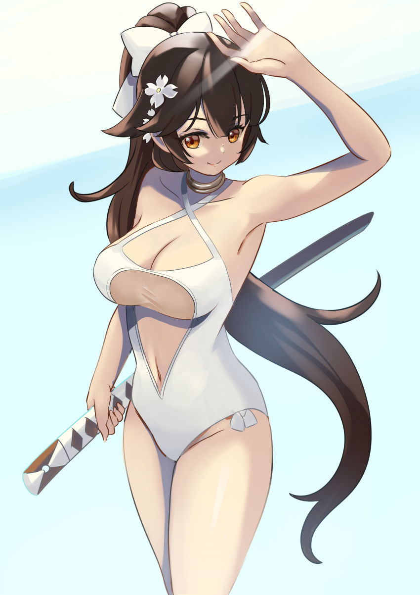 1girl arm_up armpits azur_lane bangs bare_shoulders black_hair blunt_bangs bow brown_eyes collarbone commentary_request eyebrows_visible_through_hair eyes_visible_through_hair flower hair_between_eyes hair_bow hair_flower hair_ornament hair_ribbon highres holding holding_sword holding_weapon katana long_hair looking_at_viewer manjirou_(manji_illust) ponytail ribbon sidelocks simple_background smile solo swimsuit sword takao_(azur_lane) takao_(beach_rhapsody)_(azur_lane) two-tone_background weapon white_swimsuit