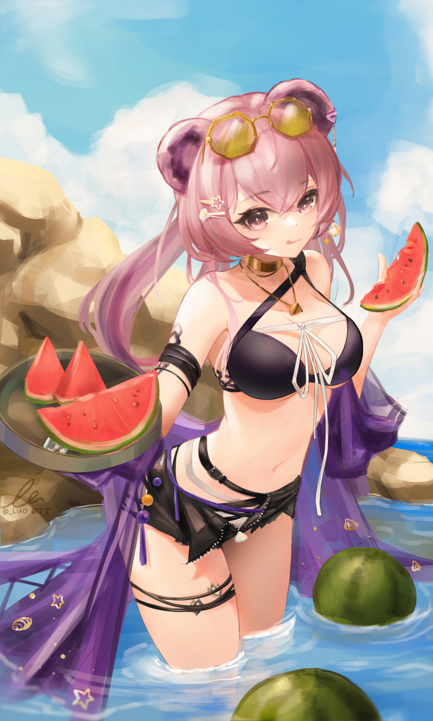 1girl :q absurdres animal_ears arknights bangs bikini black_bikini black_shorts breasts choker commentary day eyebrows_visible_through_hair eyewear_on_head food fruit hair_between_eyes hair_ornament highres holding holding_food holding_fruit jewelry lin_yuhsia_(arknights) liu_liaoliao long_hair looking_at_viewer mouse_ears navel necklace outdoors pink_hair shell_hair_ornament short_shorts shorts solo standing star_(symbol) star_hair_ornament stomach sunglasses swimsuit thigh_strap tongue tongue_out wading water watermelon watermelon_slice