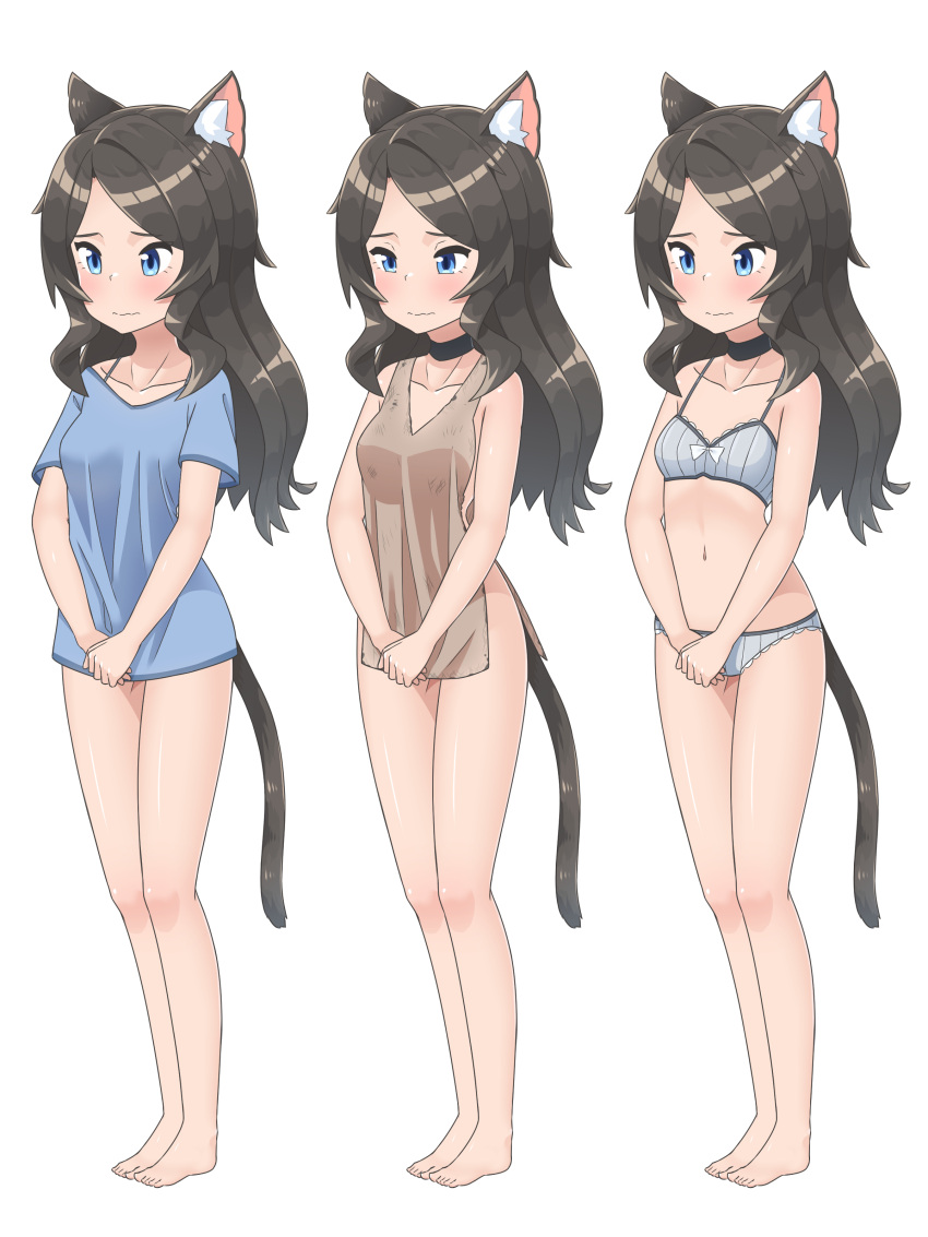 1girl absurdres animal_ear_fluff animal_ears bangs bare_arms bare_legs bare_shoulders barefoot black_choker blue_eyes blue_shirt blush bra breasts cat_ears cat_tail choker closed_mouth grey_bra grey_hair grey_panties highres long_hair multiple_views naked_shirt navel nekoze_(s22834712) original panties parted_bangs rags shirt short_sleeves simple_background small_breasts standing tail tu_ya_(nekoze) underwear underwear_only v_arms wavy_mouth white_background