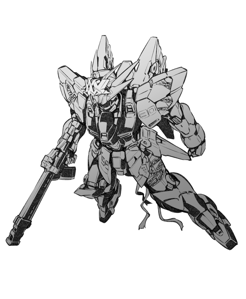 absurdres caution_tape clenched_hand greyscale gun highres holding holding_gun holding_weapon huckebein_30 ishiyumi looking_to_the_side mecha monochrome no_humans science_fiction solo super_robot_wars super_robot_wars_30 v-fin weapon white_background