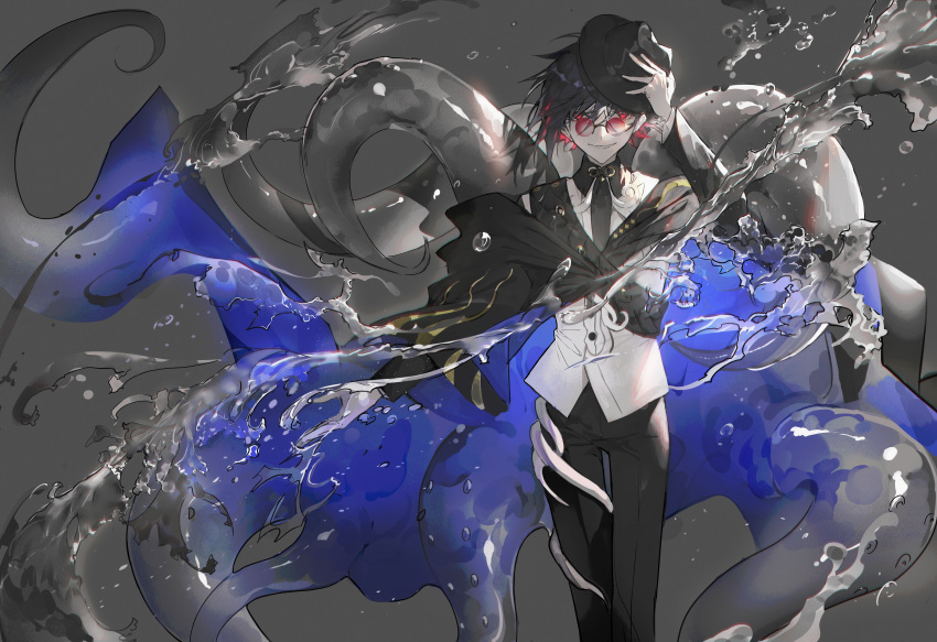 1boy absurdres alchemy_stars black_hair black_headwear black_pants buttons cape collared_shirt feet_out_of_frame gradient_hair grey_background grin hand_on_headwear highres huge_filesize hydrokinesis kleken_(alchemy_stars) looking_at_viewer magic multicolored_hair mura_karuki necktie outstretched_arm pants red-tinted_eyewear red_eyes round_eyewear shirt smile solo tentacles tinted_eyewear water white_shirt