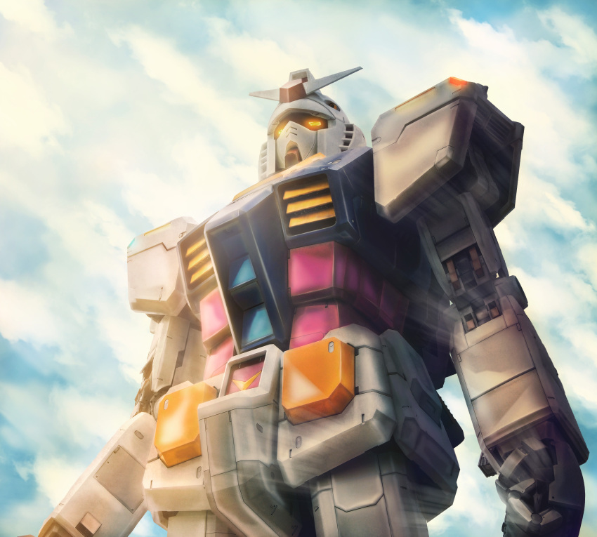 absurdres adrianocadau clouds cloudy_sky damaged dirty earth_federation english_commentary fog glowing glowing_eyes gun gundam highres light light_rays machine_gun machinery mecha mobile_suit mobile_suit_gundam realistic rx-78-2 science_fiction shiny sky upper_body weapon