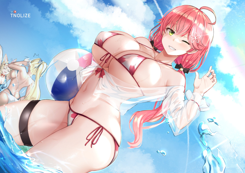 3girls animal_ears artist_name bare_shoulders bikini blonde_hair blush breasts fox_ears fox_girl green_eyes hair_ornament hand_up highres hololive large_breasts long_hair looking_at_viewer multiple_girls navel omaru_polka one_eye_closed outdoors parted_lips pink_hair ponytail sakura_miko see-through shiranui_flare side-tie_bikini sideboob skindentation smile solo_focus swimsuit thigh_strap thighs tnolize under_boob virtual_youtuber volleyball water