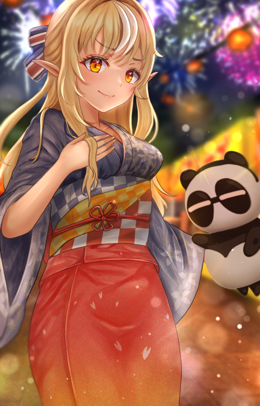 1girl absurdres adapted_costume blonde_hair blurry blurry_background dark-skinned_female dark_skin depth_of_field elf eyebrows_visible_through_hair fireworks food_stand hand_on_own_chest highres hololive kintsuba_(shiranui_flare) long_hair looking_at_viewer multicolored_hair nori_55512 obi orange_eyes pointy_ears sash shiranui_flare shirt solo streaked_hair summer_festival v-shaped_eyebrows violet_eyes virtual_youtuber white_shirt