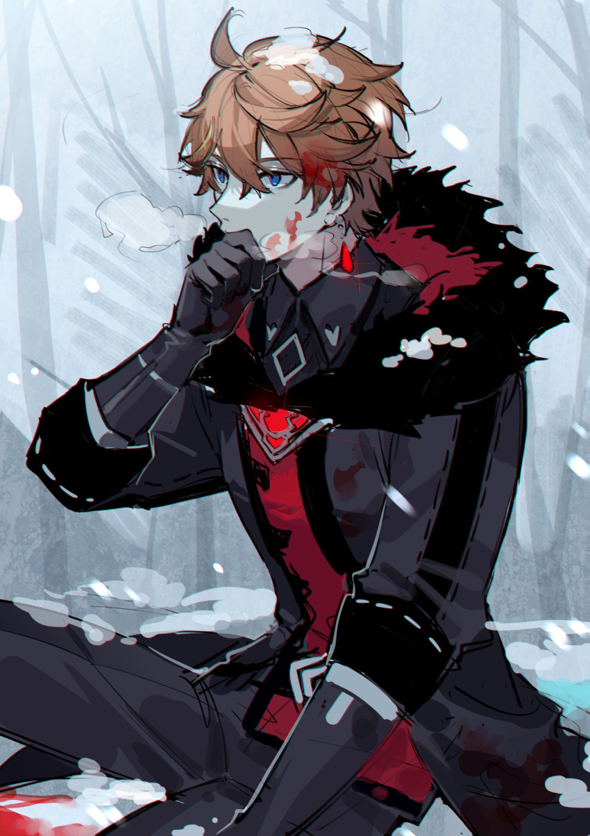 1boy bare_tree black_gloves black_jacket black_pants blood blood_on_face blood_on_snow bloody_hair blue_eyes breath brown_hair covering_mouth earrings fur-trimmed_hood fur_trim genshin_impact gloves hand_over_own_mouth highres hood hood_down jacket jewelry looking_to_the_side male_focus outdoors pants single_earring sitting snow solo ssm_(ssm82048039) tartaglia_(genshin_impact) tree winter