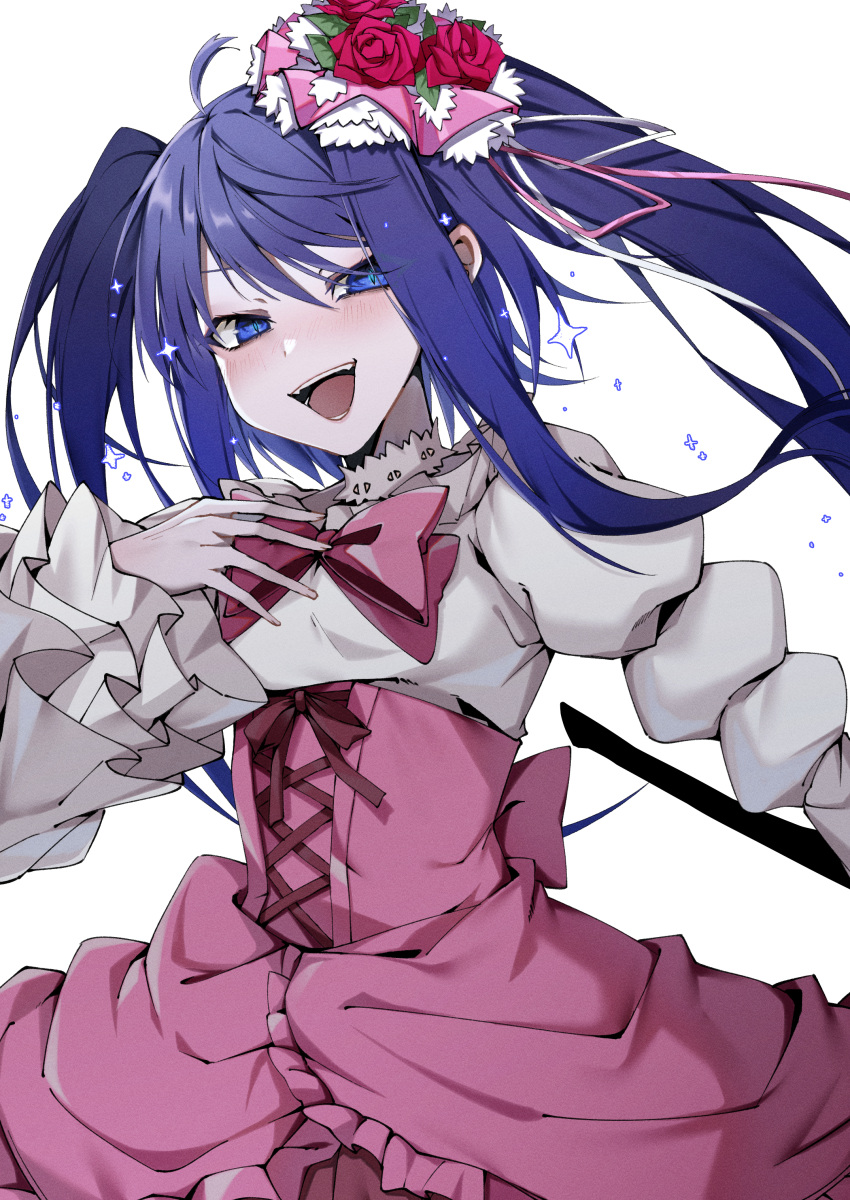1girl :d absurdres ahoge bangs blue_eyes blue_hair bow bowtie chen_yan commentary_request cowboy_shot dress fangs flower frilled_dress frills furudo_erika hair_flower hair_ornament highres layered_sleeves long_hair long_sleeves looking_at_viewer messy_hair open_mouth pink_bow pink_dress puffy_long_sleeves puffy_sleeves red_flower red_rose rose simple_background smile solo sparkle twintails umineko_no_naku_koro_ni white_background