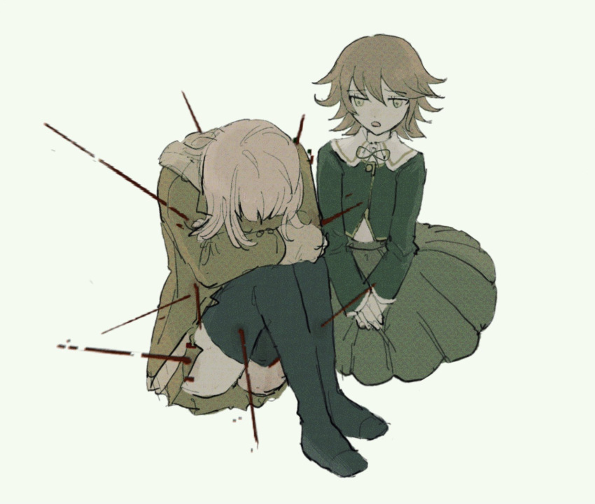 1boy 1girl ass bangs blood brown_eyes brown_hair brown_jacket brown_skirt dangan_ronpa:_trigger_happy_havoc dangan_ronpa_(series) dangan_ronpa_3_(anime) fujisaki_chihiro green_jacket green_legwear hair_between_eyes highres hood hood_down hooded_jacket jacket knees_up long_sleeves nanami_chiaki neck_ribbon no_shoes otoko_no_ko ribbon sema_(vivaviva_02) simple_background sitting skirt sleeves_past_wrists spoilers thigh-highs white_background