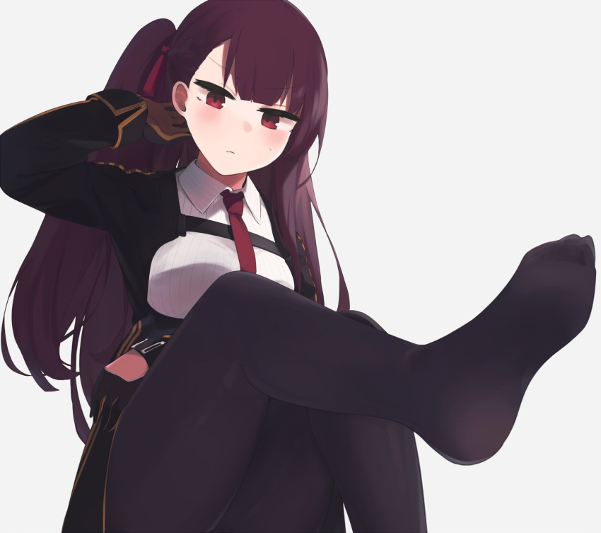 1girl braid eyebrows_visible_through_hair framed_breasts french_braid girls_frontline gloves hair_ribbon highres hinami047 jacket long_hair necktie no_shoes one_side_up pantyhose purple_hair red_eyes red_neckwear red_ribbon ribbon solo wa2000_(girls_frontline) white_background