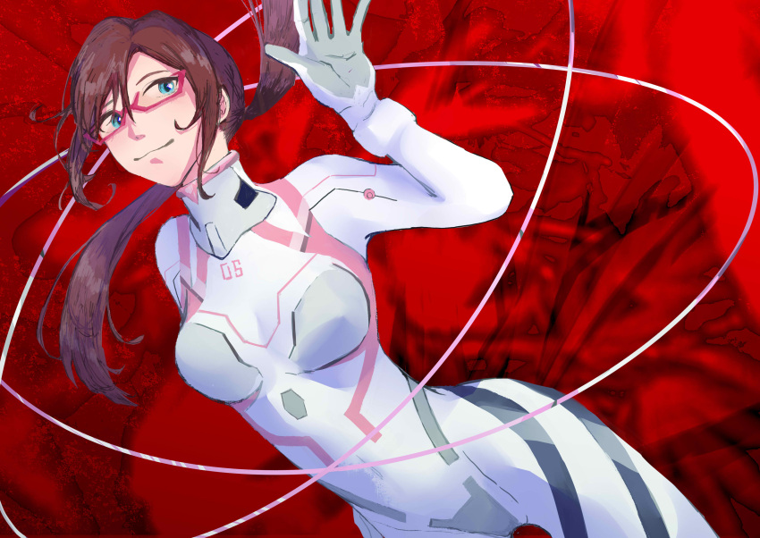 1girl absurdres blue_eyes bodysuit breasts brown_hair closed_mouth commentary_request covered_navel evangelion:_3.0+1.0_thrice_upon_a_time glasses hand_up highres large_breasts long_hair makinami_mari_illustrious neon_genesis_evangelion plugsuit r2410 rebuild_of_evangelion red-framed_eyewear red_background smile solo twintails white_bodysuit